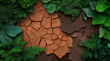 Wall Mural - Top view of cracked dry earth surrounded by various types of green foliage, creating a contrast between barren land and lush vegetation.