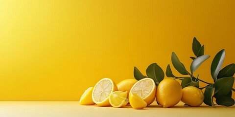 Poster - Colorful composition of whole and sliced lemons with green leaves artistically laid out on a yellow background.