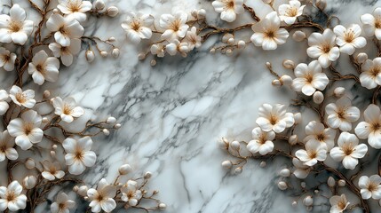 Wall Mural - Elegant white blossoms with gold accents, arranged against a marble background.