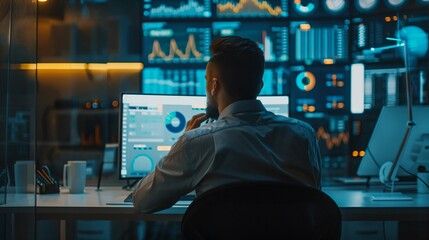 Businessman at desk analyzing revenue charts on digital screen, focused on financial growth and business success, office equipment in background