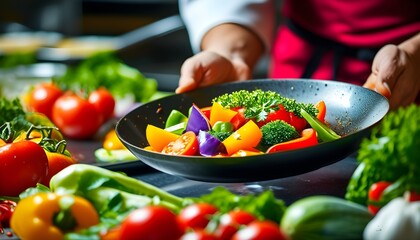 Vibrant culinary display of a colorful dish featuring an array of fresh vegetables presented by a skilled chef