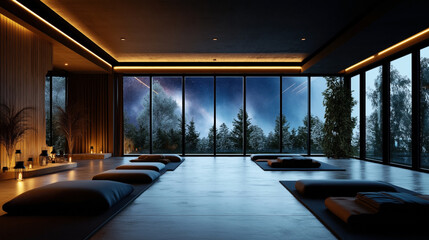 Wall Mural - A modern yoga or meditation studio with large floor-to-ceiling windows showcasing a starry night sky and forest outside. The room is softly lit with cozy cushions and blankets on the floor.