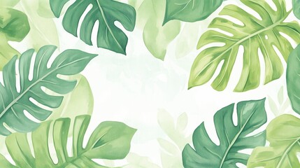 Vibrant watercolor monstera leaves interlaced into an organic, flowing pattern of lush green tones, creating a modern jungle background.