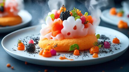 Poster - A high-end gourmet dish featuring creative molecular gastronomy elements, including foams, gels, black sesame seeds, and various colorful garnish elegantly presented on a white plate.