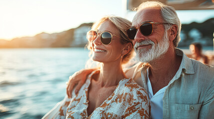 A couple is enjoying a day at the beach, with the man wearing sunglasses