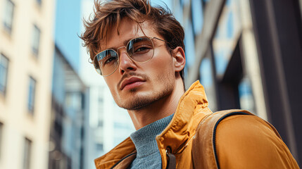 Poster - A man wearing glasses and a yellow jacket is standing on a city street