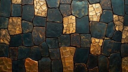 A close-up of a dark blue and gold mosaic tile wall.