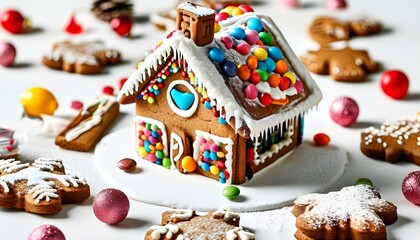 Festive gingerbread house adorned with icing and vibrant candies on a pristine white backdrop, celebrating the joy of holiday desserts and Christmas sweets