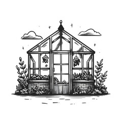 Poster - Greenhouse monochrome ink sketch vector drawing, engraving style illustration