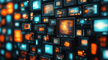 a wall filled with various monitors displaying digital information and code in vibrant orange and cy