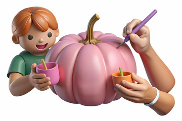 Flat Pink Pumpkin Painting: Hands Creating Autumn Awareness with Family Fun & Laughter in a Candid Close-Up Vector Illustration