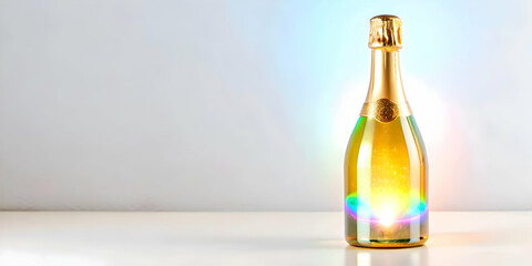 Flat Holographic Champagne Bottle Close-Up Illustration: Sleek, Futuristic Design with Glowing Label on White Background - Perfect for Business Use