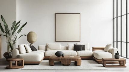 Wall Mural - A realistic 3D image of a poster on a living room wall. The poster is the standard A paper size. It shows a modern living room with stylish furniture.