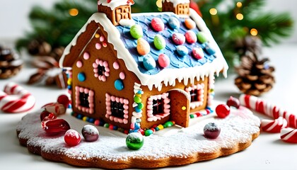 Festive gingerbread house adorned with icing and vibrant candies on a pristine white backdrop, celebrating the joy of holiday desserts and Christmas sweets