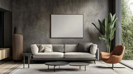 Wall Mural - A realistic 3D image of a poster on a living room wall. The poster is the standard A paper size. It shows a modern living room with stylish furniture.