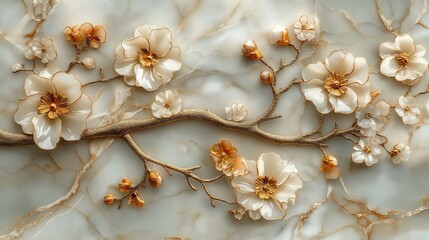 White flowers with gold accents on a marble background.