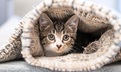 cute kitten peeking from a cozy blanket, close-up animal portrait with soft natural light in a warm home setting, capturing the tender and playful charm of the pet, perfect for pet lovers