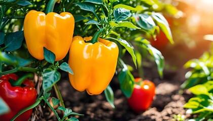 Vibrant red and yellow bell peppers thriving in a sunlit garden, showcasing the beauty of organic farming and promoting a healthy diet with fresh produce