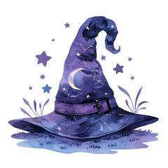 Illustration of a blue wizard hat with a bent tip, surrounded by magical sparkles, evoking a mystical and fantasy theme.