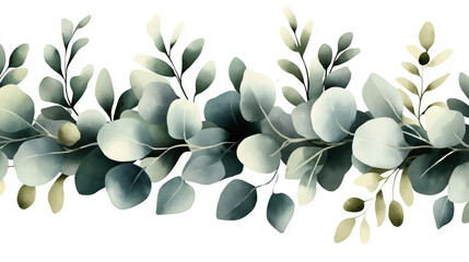 Poster - Illustration of eucalyptus leaves in shades of green and grey, arranged in a horizontal pattern on a white background.