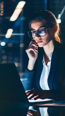 Wall Mural - A woman in a blazer works on a laptop in an office late at night.