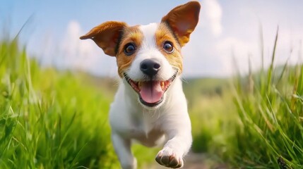 Wall Mural - A dog is running through a field of tall grass, AI