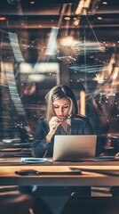 Poster - A woman in a suit works on her laptop late at night.