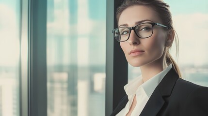 Poster - Businesswoman in glasses looking thoughtfully out a window.