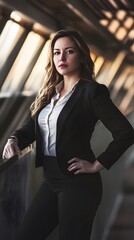 Canvas Print - Confident businesswoman in a black suit stands leaning on a railing.