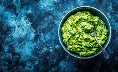 Delicious guacamole in a bowl on a textured blue background with a spoon for a fresh culinary experience