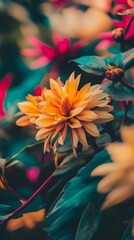 Poster - Close-up of a vibrant orange flower with teal leaves