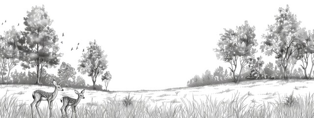 Landscape of a spring meadow with trees. Fawns graze on the hiils. Sketch illustration.