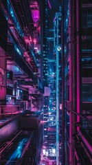 Poster - A nighttime view of a city street with neon lights.