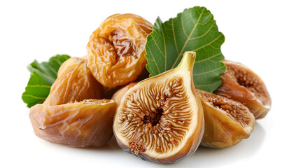 Wall Mural - Tasty dried figs and green leaf isolated on white