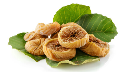 Wall Mural - Tasty dried figs and green leaf isolated on white