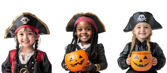 Wall Mural - Little girls in happy Halloween pirate costumes and makeup, celebrating in a set collection, Isolated on Transparent Background, PNG