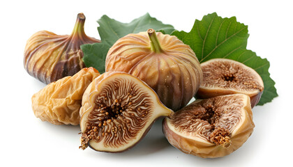 Wall Mural - Tasty dried figs and green leaf isolated on white