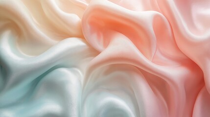 Abstract background of soft, silky fabric in a gradient of pink, peach, and blue.