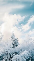 Canvas Print - A snowy winter scene with a tall pine tree in the center.