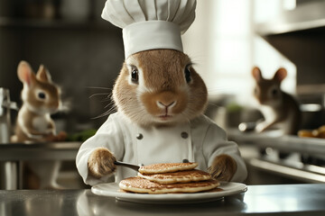 Sticker - Adorable rabbit chef in a white uniform and hat, holding a fork and looking at a plate of pancakes. Two smaller rabbits are in the background working in a kitchen.