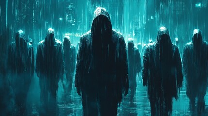 Wall Mural - A group of people are standing in the rain, with one person wearing a hood