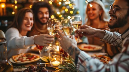 Friends clinking their pizza slices together in a fun celebration