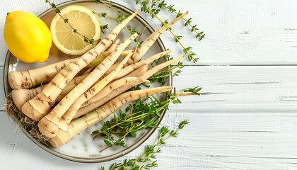 Dish with raw salsify roots, lemon and thyme on white wooden table, closeup. Space for text