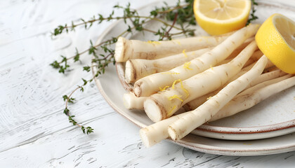 Dish with raw salsify roots, lemon and thyme on white wooden table, closeup. Space for text