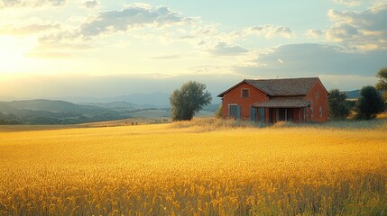 Canvas Print - Solitary House in a Golden Field