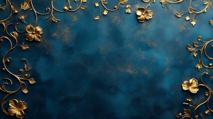 Wall Mural - Gold floral design on a blue background.