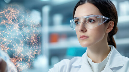 Poster - A scientist examines complex bioinformatics data on a holographic display in a cutting-edge biotech lab, showcasing advanced research techniques and technology.