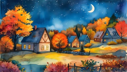 Wall Mural - Charming Autumn Village Scene with Colorful Leaves and Cozy Homes Amidst a Picturesque Evening Landscape