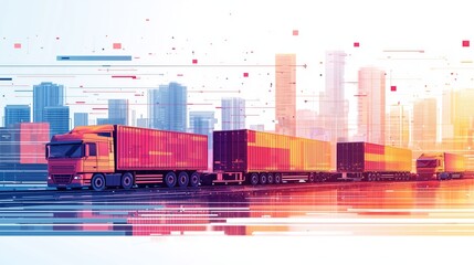 Stylized digital trucks drive through a futuristic cityscape, representing logistics technology, transportation, and advanced freight systems.