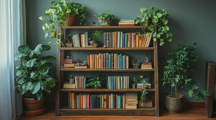 Poster - Bookshelf with Plants and Books